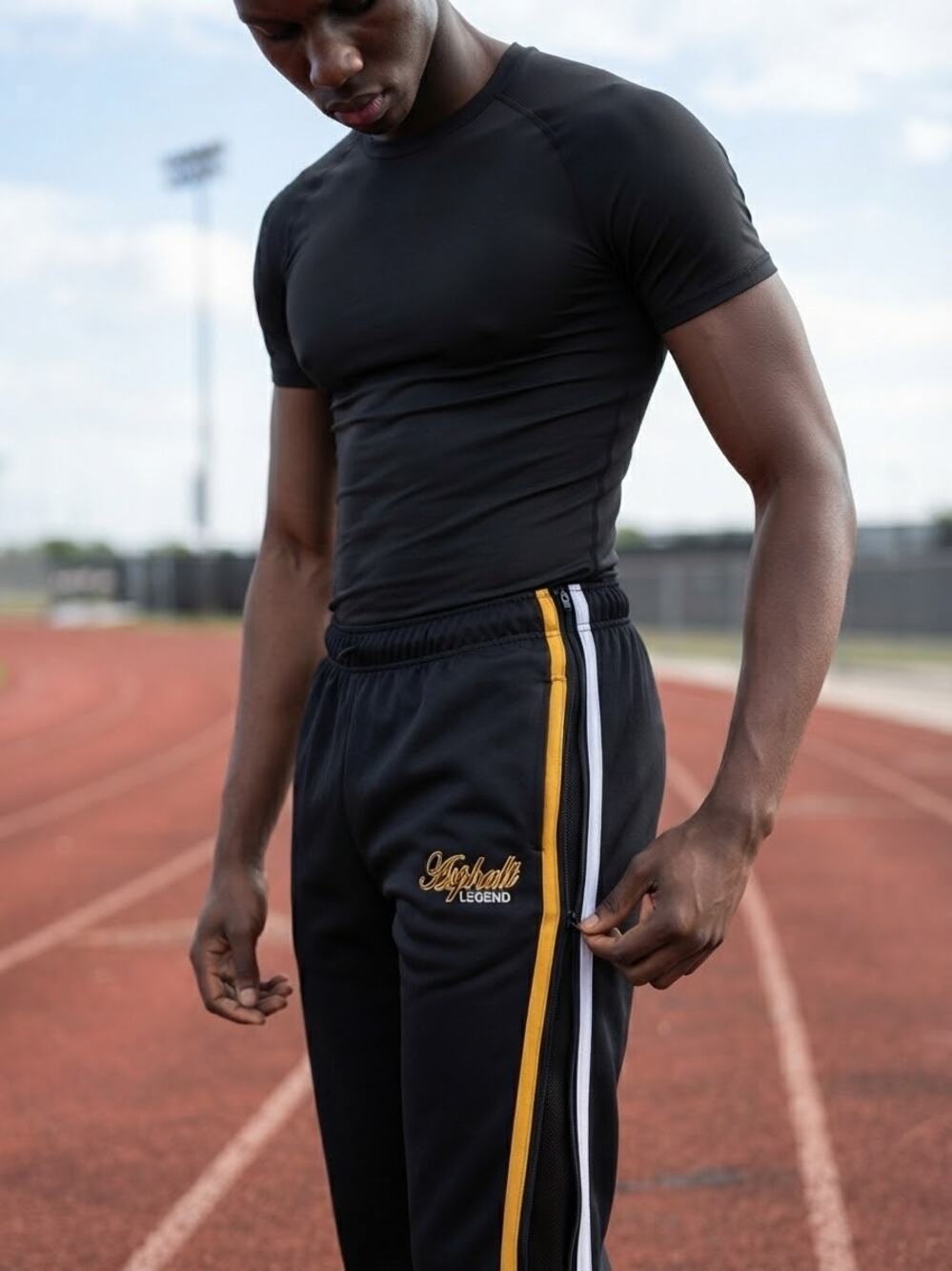 Asphalt Legend Black Yellow Side Stripe Track Pants Mens Medium side zippers